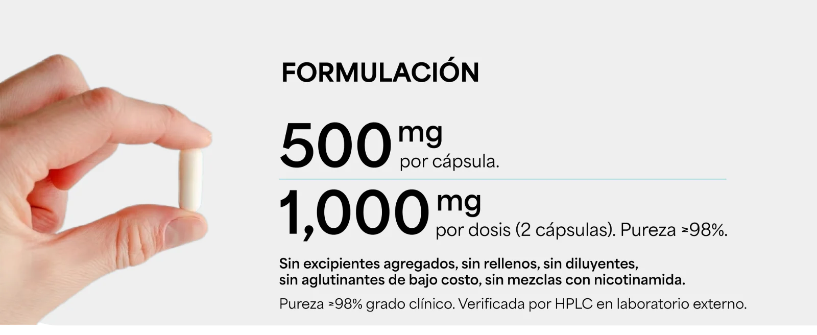 FORMULACIÓN · 500 mg por cápsula. · 1,000 mg por dosis (2 cápsulas). Pureza ≥98% declarada. · Sin excipientes agregados, sin rellenos, sin diluyentes, sin aglutinantes de bajo costo, sin mezclas con nicotinamida. Mano sosteniendo una cápsula.