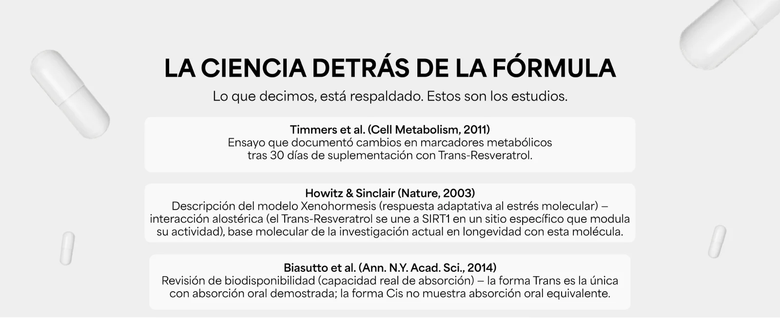 La ciencia detrás de la fórmula · Lo que decimos, está respaldado. Estos son los estudios. · Timmers et al. (Cell Metabolism, 2011): ensayo que documentó cambios en marcadores metabólicos tras 30 días de suplementación con Trans-Resveratrol. · Howitz & Sinclair (Nature, 2003) · Biasutto et al. (Ann. N.Y. Acad. Sci., 2014)