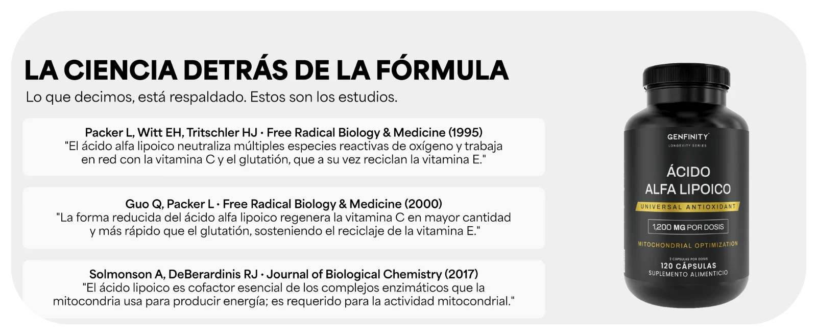 LA CIENCIA DETRÁS DE LA FÓRMULA · Lo que decimos, está respaldado. Estos son los estudios. · Packer L, Witt EH, Tritschler HJ · Free Radical Biology & Medicine (1995) · Guo Q, Packer L · Free Radical Biology & Medicine (2000) · Solmonson A, DeBerardinis RJ · Journal of Biological Chemistry (2017)