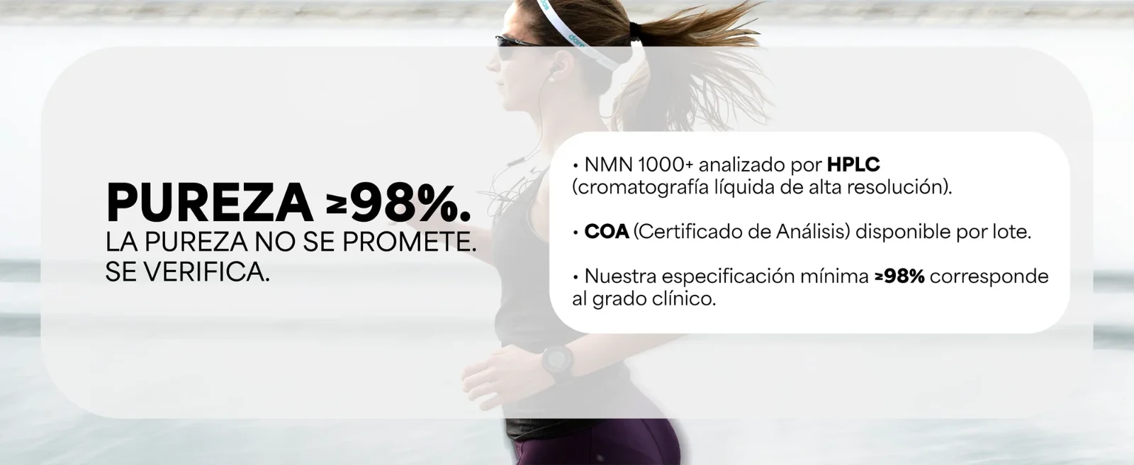 PUREZA ≥98% declarada en la etiqueta del NMN 1000+. Mujer corriendo.