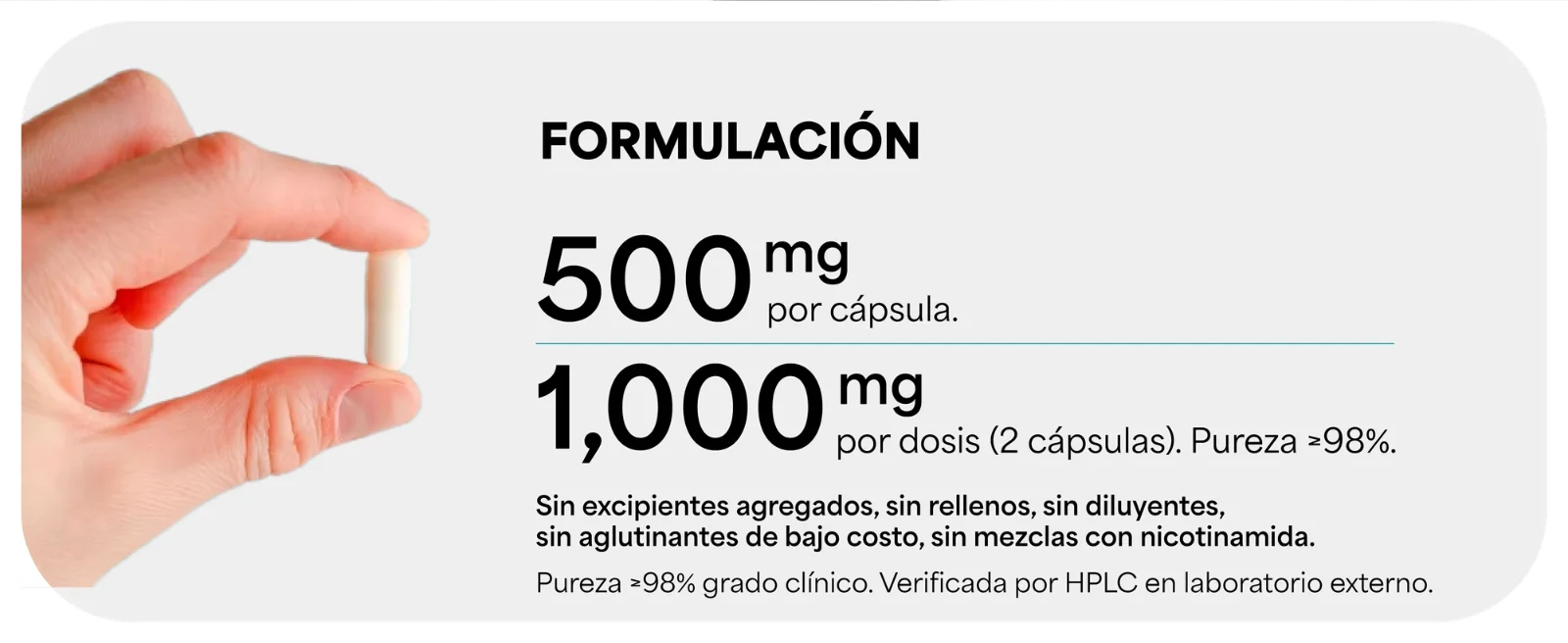FORMULACIÓN · 500 mg por cápsula. · 1,000 mg por dosis (2 cápsulas). Pureza ≥98% declarada. · Sin excipientes agregados, sin rellenos, sin diluyentes, sin aglutinantes de bajo costo, sin mezclas con nicotinamida. Mano sosteniendo una cápsula.