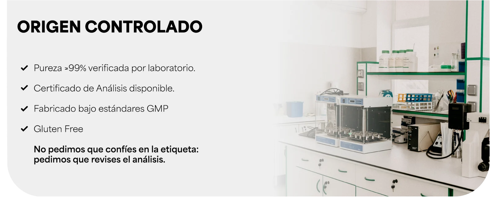 ORIGEN CONTROLADO · Pureza ≥99% declarada en la etiqueta. · Gluten Free. Mesa de laboratorio con equipo y frascos.